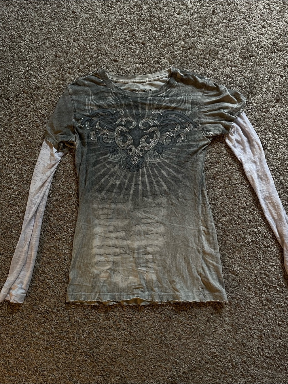 Sinful Gray Layered-Look Long Sleeve Top with Rhinestone Graphic